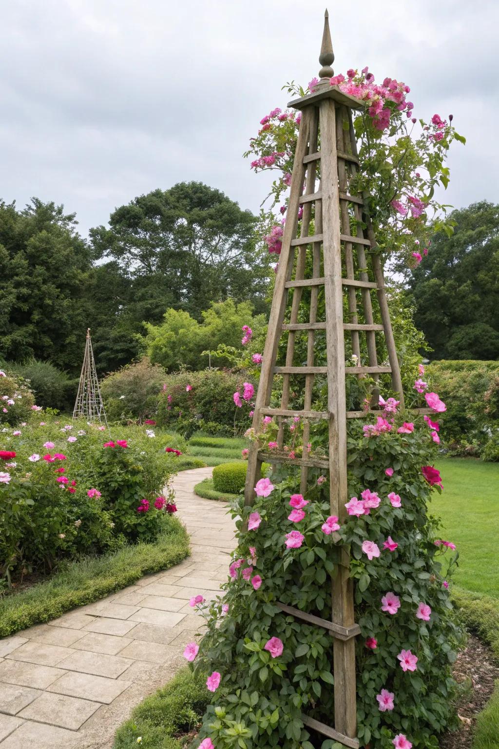A traditional bamboo obelisk showcases vivid <strong><em>Dipladenia splendens</em></strong> blossoms, crafting a refined garden element.” loading=”lazy” class=”pimg”>
	</picture><figcaption>A traditional bamboo obelisk showcases vivid <strong><em>Dipladenia splendens</em></strong> blossoms, crafting a refined garden element.</figcaption></figure>
<p>A bamboo obelisk remains an enduring option, incorporating a dash of sophistication into any garden. I appreciate the way it offers a robust yet natural structure for the <strong><em>Dipladenia splendens</em></strong> to entwine its vibrant blossoms.</p>
<h3>Try these:</h3>
<ul class=