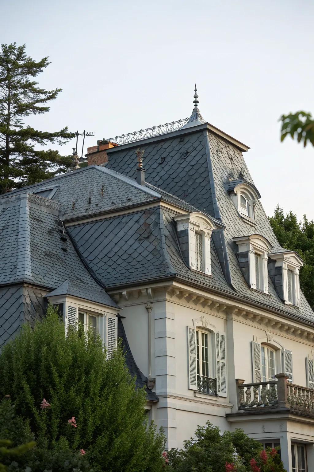 This mansard roof gets a classically durable finish from slate tiles.