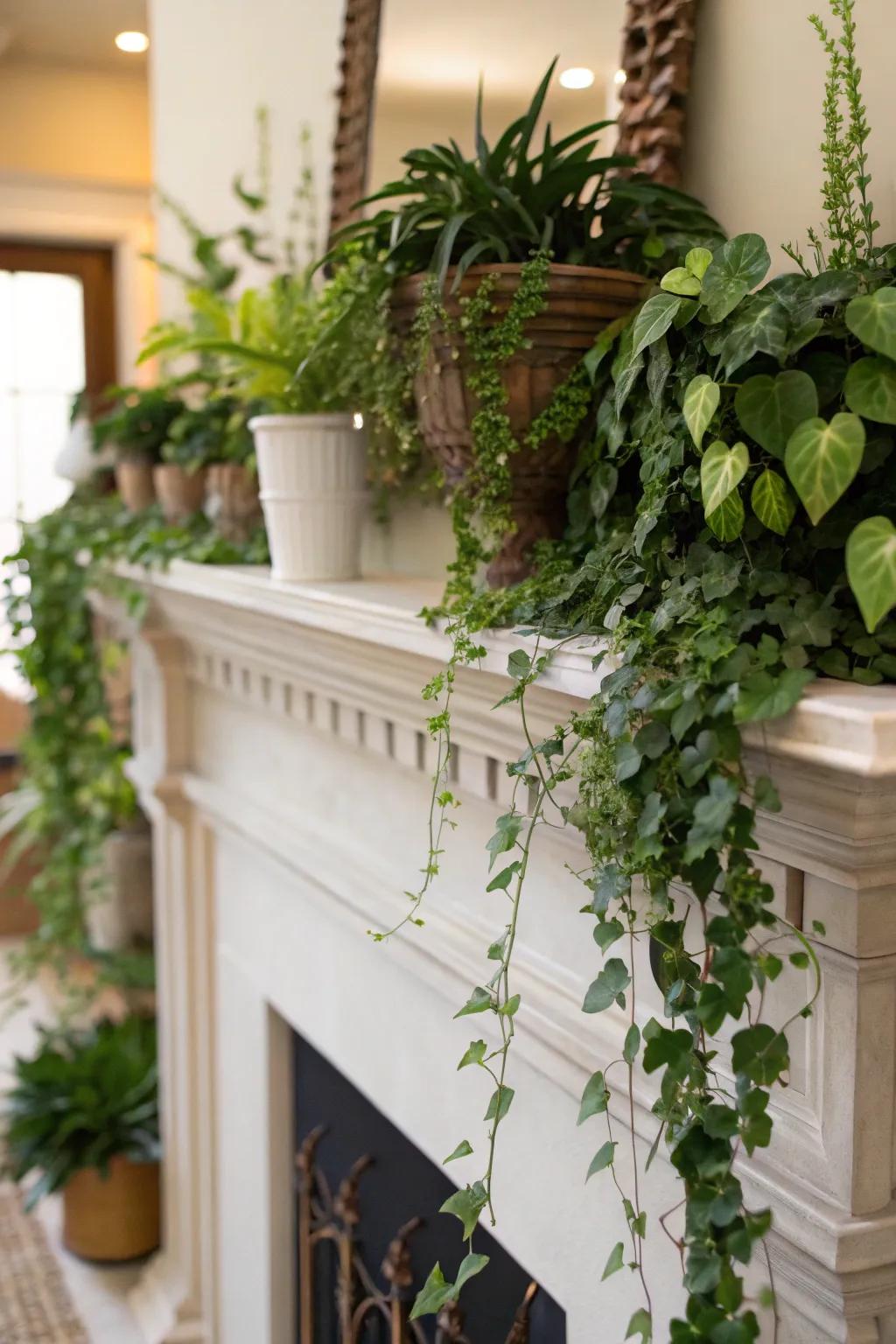 Abundant greenery lends a revitalizing and energetic feel to this everyday mantel.
