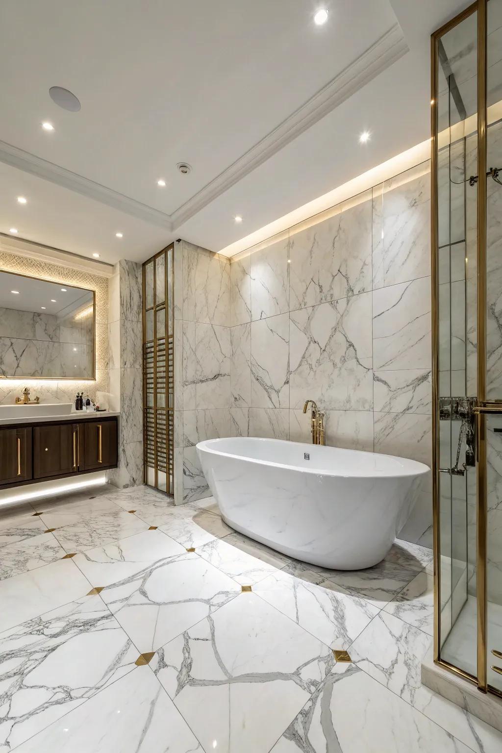 A freestanding marble soaking tub becomes the focal point in this refined bathroom.