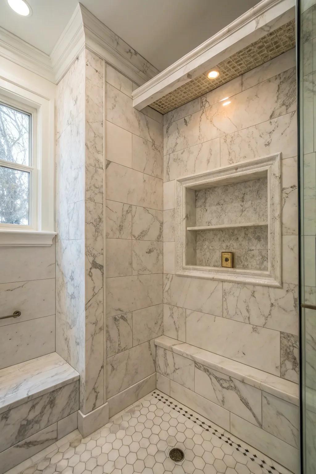 A seamless Carrara stone alcove creates a unified and elegant shower space.