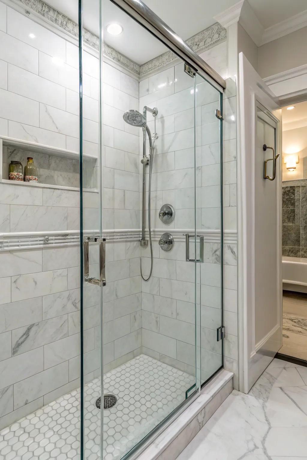 Ivory stone bricks imbue your showering area with an enduring grace.