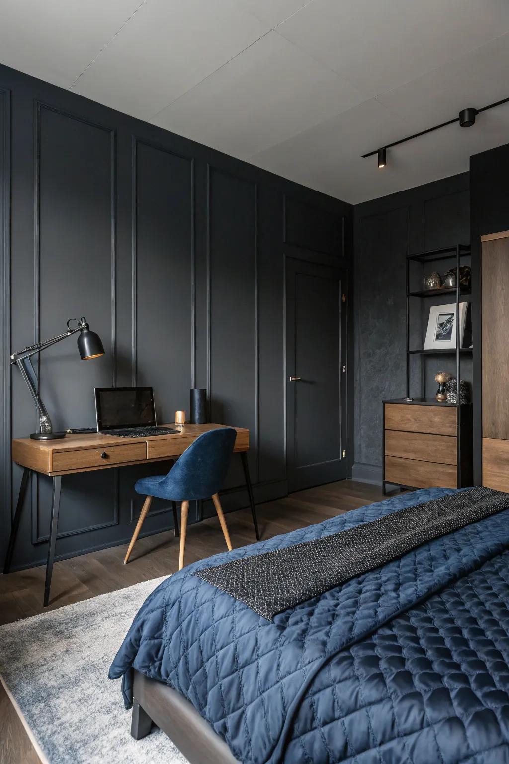 Dark shades forge a daring yet serene atmosphere ideal for unwinding.