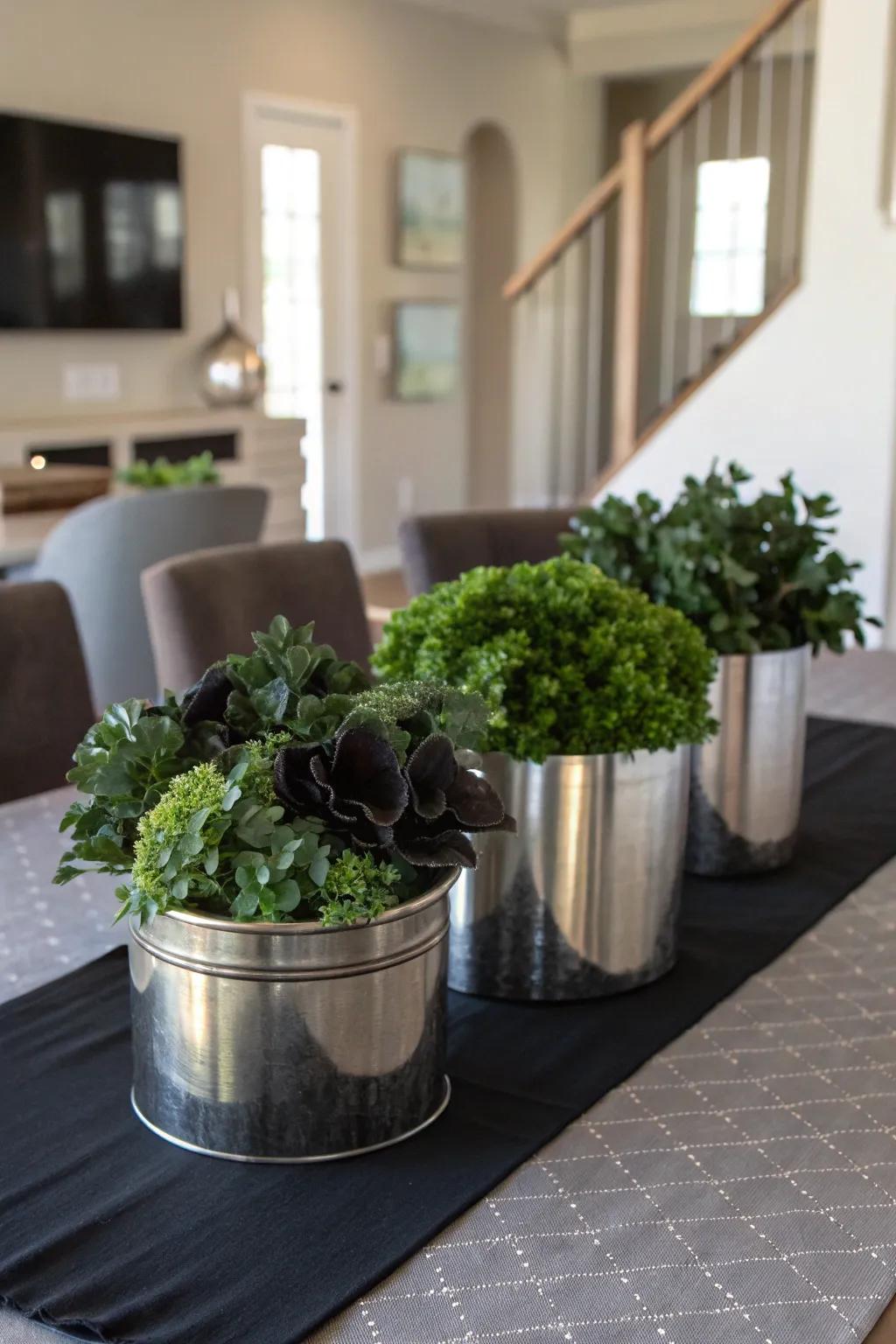 Industrial touches like burnished metal create a stylish and masculine centerpiece.