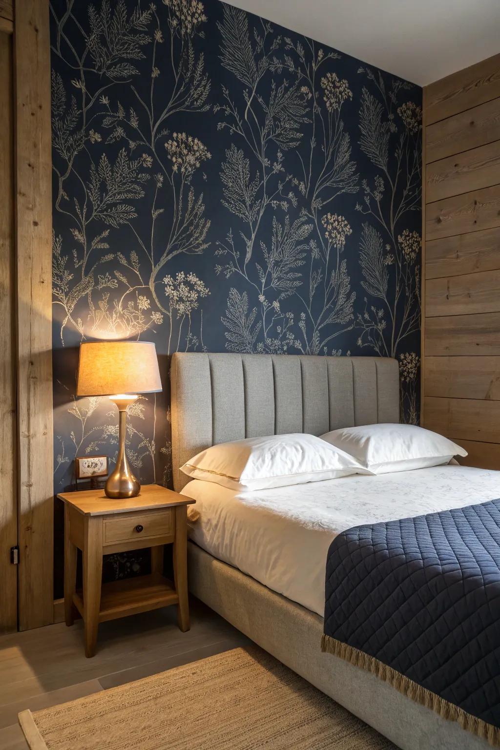 Dark tones in wallpaper bring a sophisticated elegance.