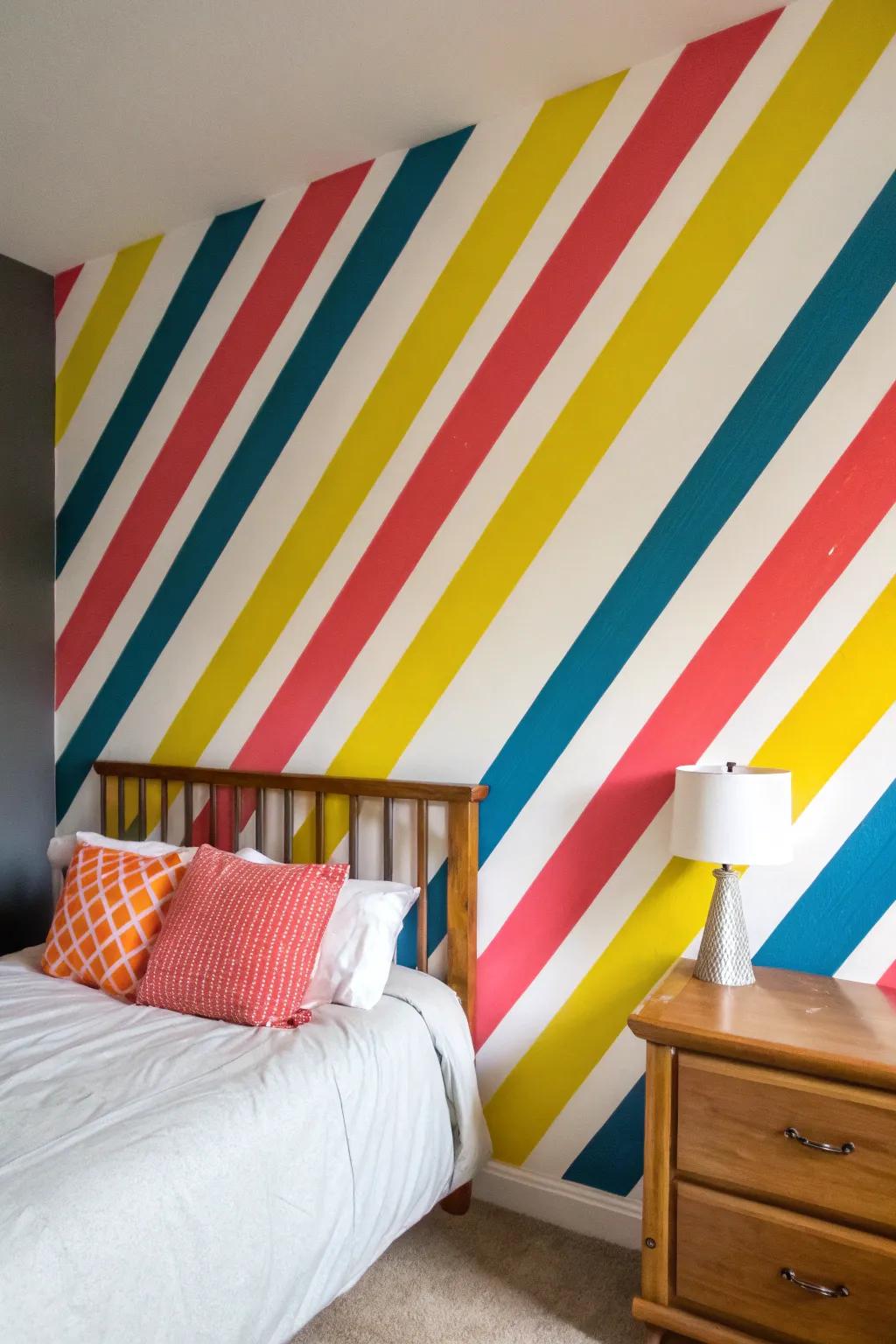 Vibrant angled stripes inject vitality into this bedroom.