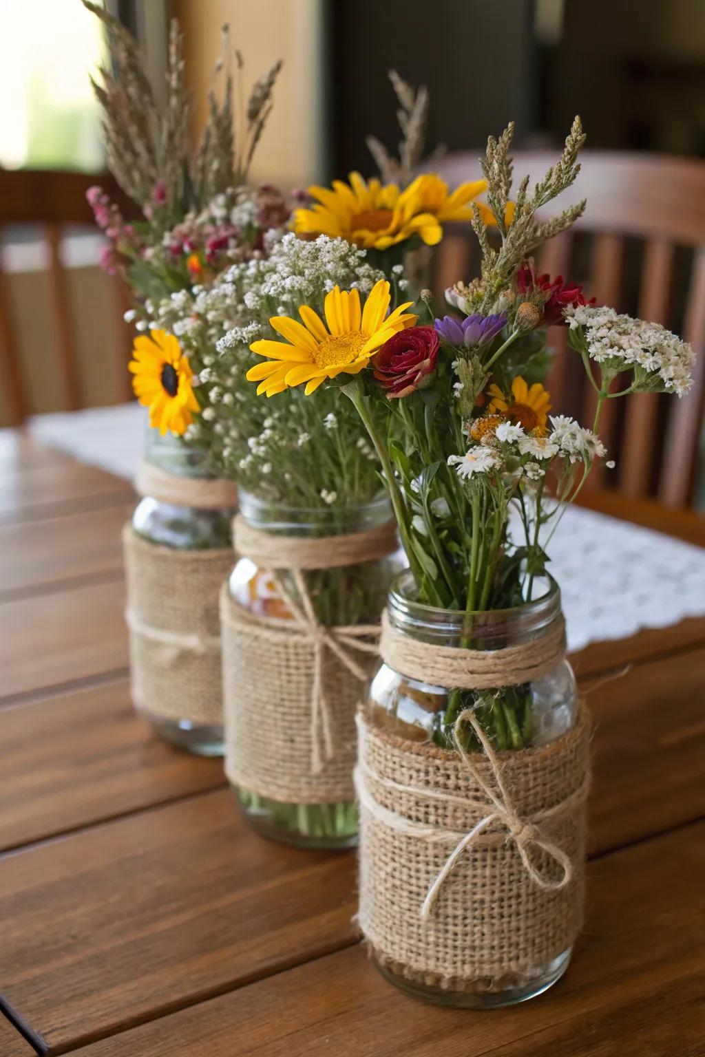 Earthy floral utility canister centerpieces covered in sackcloth and twine.