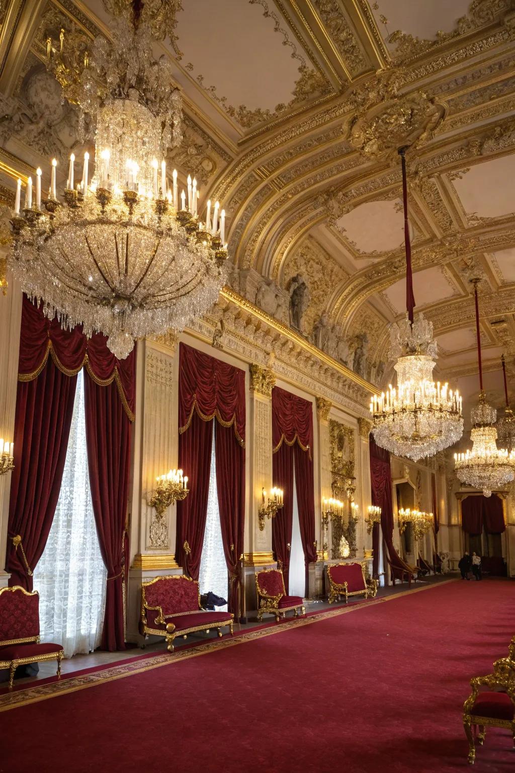 An exquisitely adorned ballroom prepared for a masquerade quinceañera.