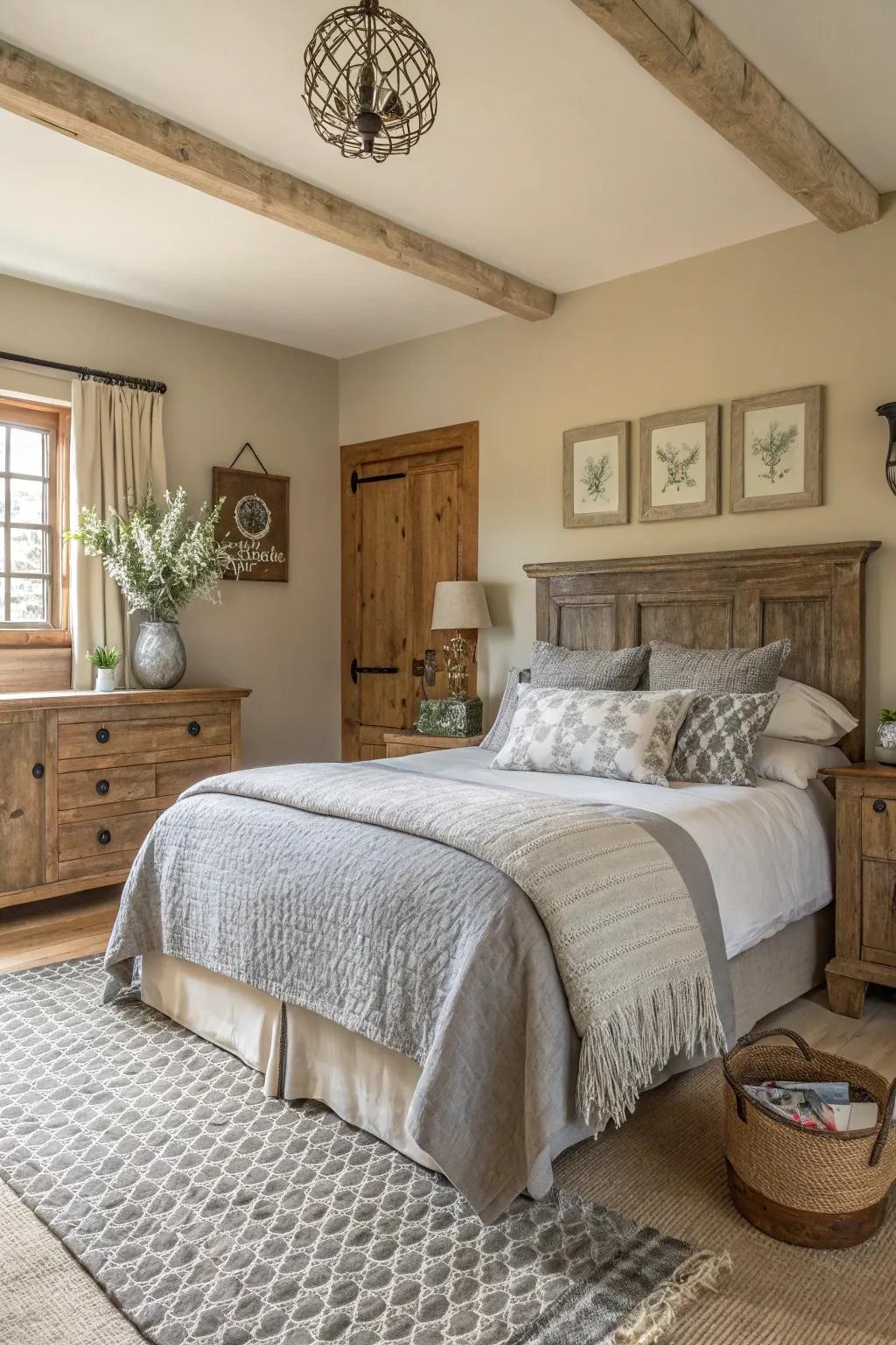 A tranquil farmhouse bedroom showcasing a neutral color palette