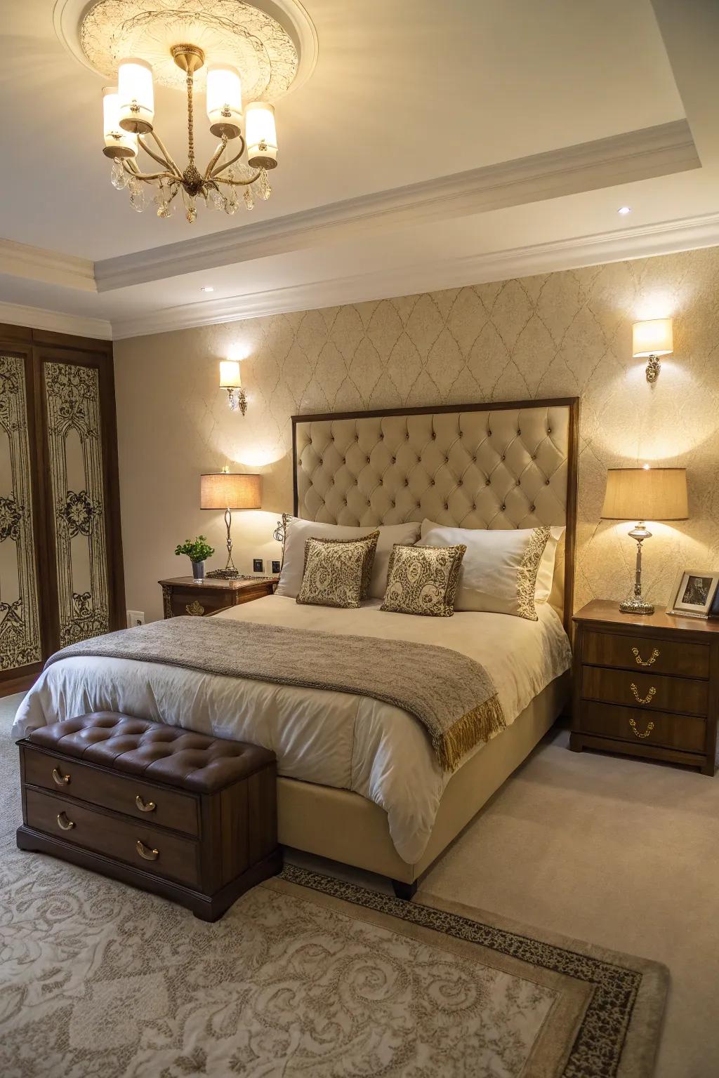 Positioning the bed centrally fosters balance and focus in your primary bedroom.