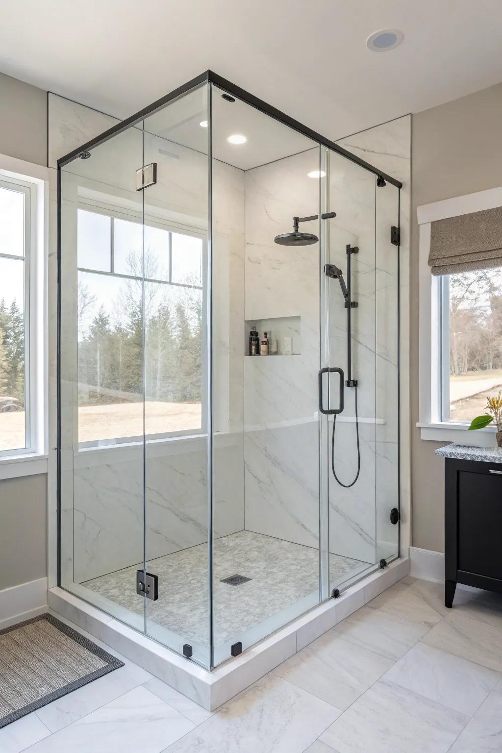A polished and current shower featuring a borderless glass surround.