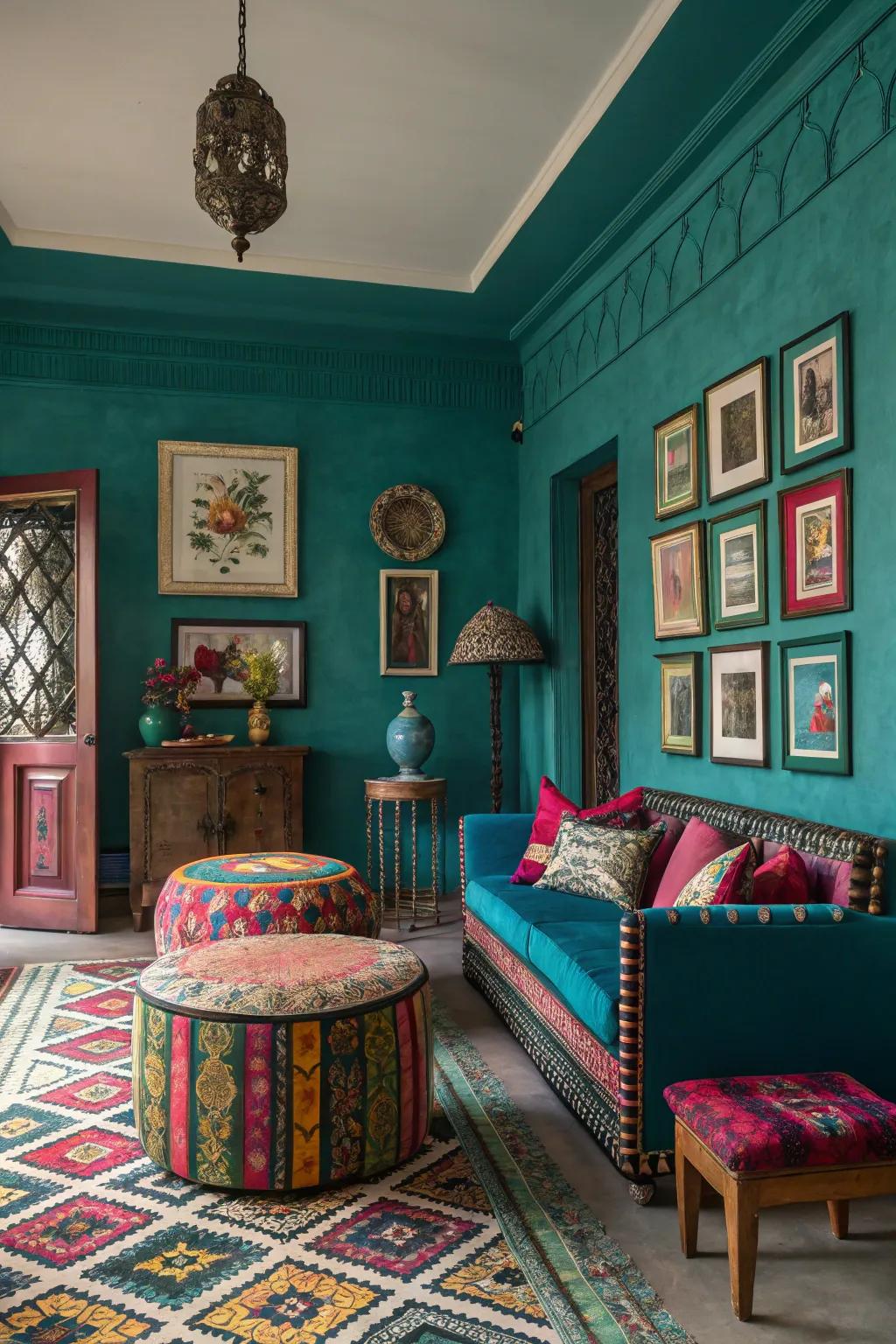 Deep teal walls create a striking statement in this maximalist setting.