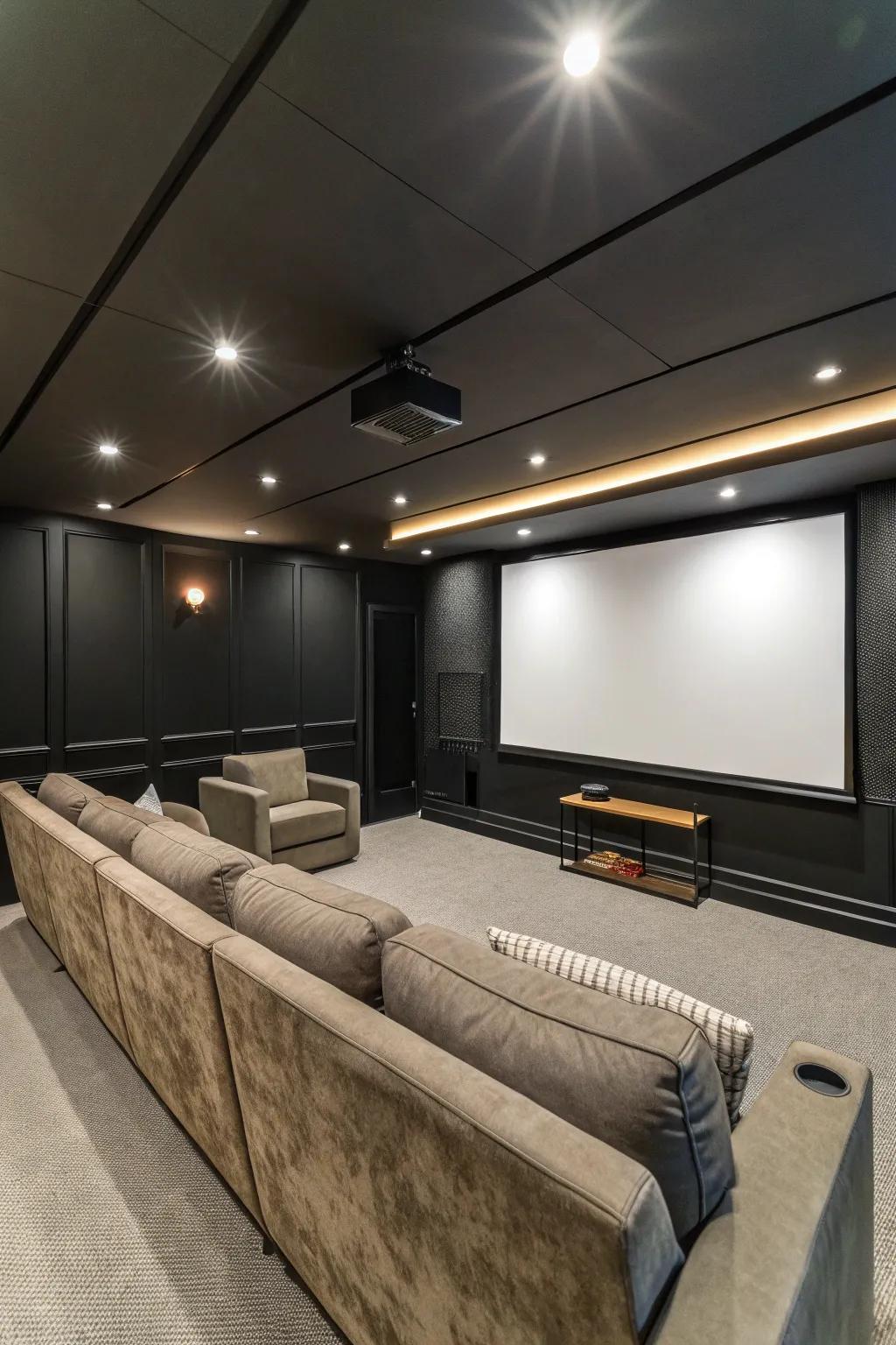 Media room featuring matte black walls, enhancing screen contrast and focus.