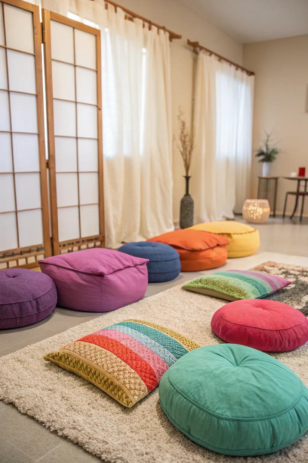 Blend and harmonize cushions to forge a welcoming and snug meditation ambiance.