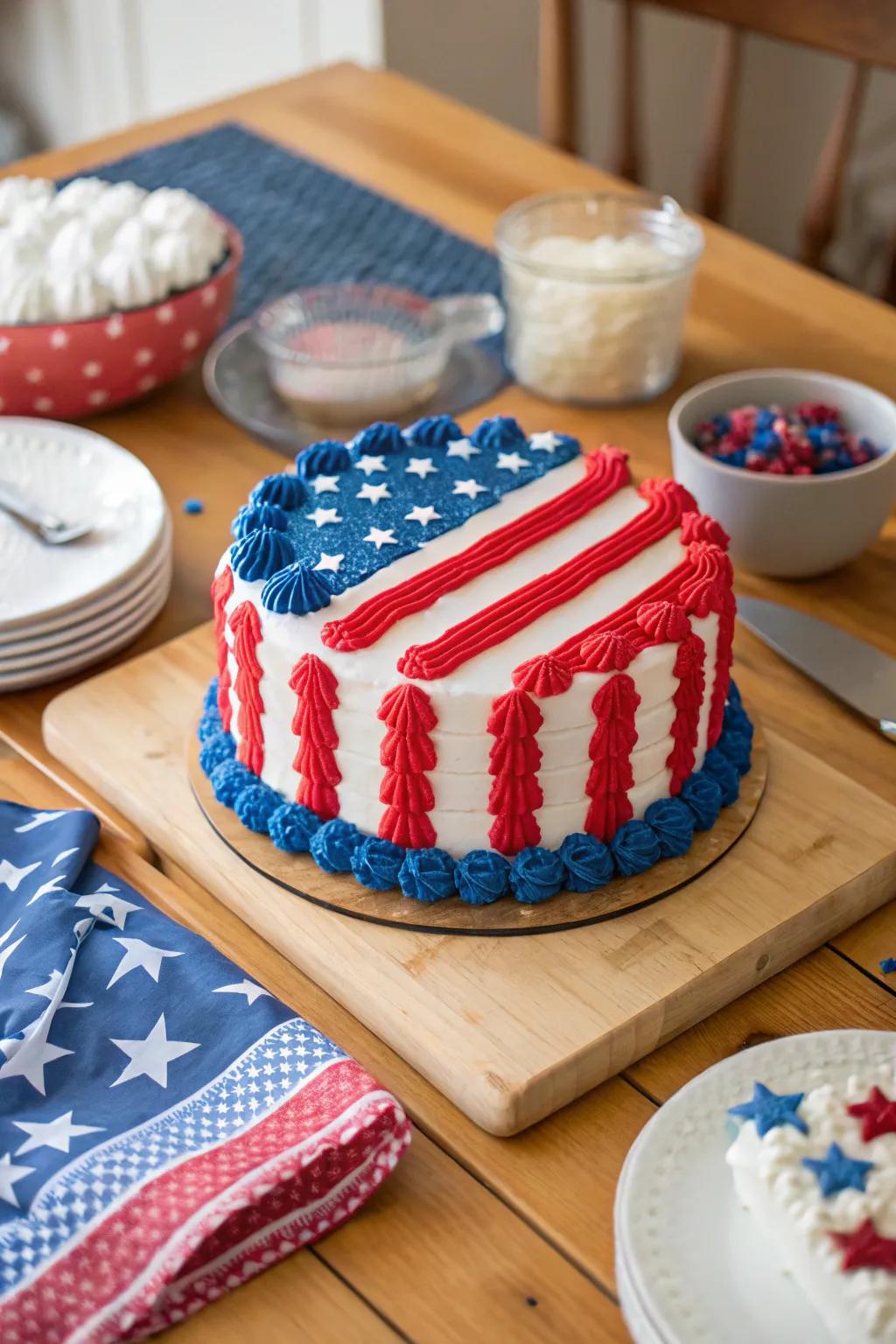An American flag cake, capturing the essence of Memorial Day through its vivid hues and patterns.