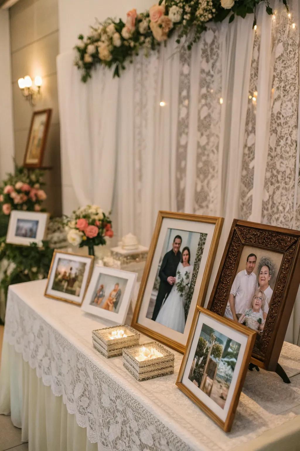 Tastefully displayed framed photos on a memorial table.