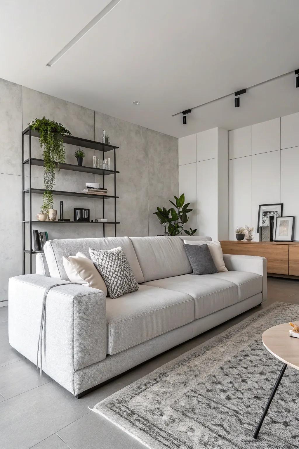A minimalist living area with a serene and well-organized atmosphere.