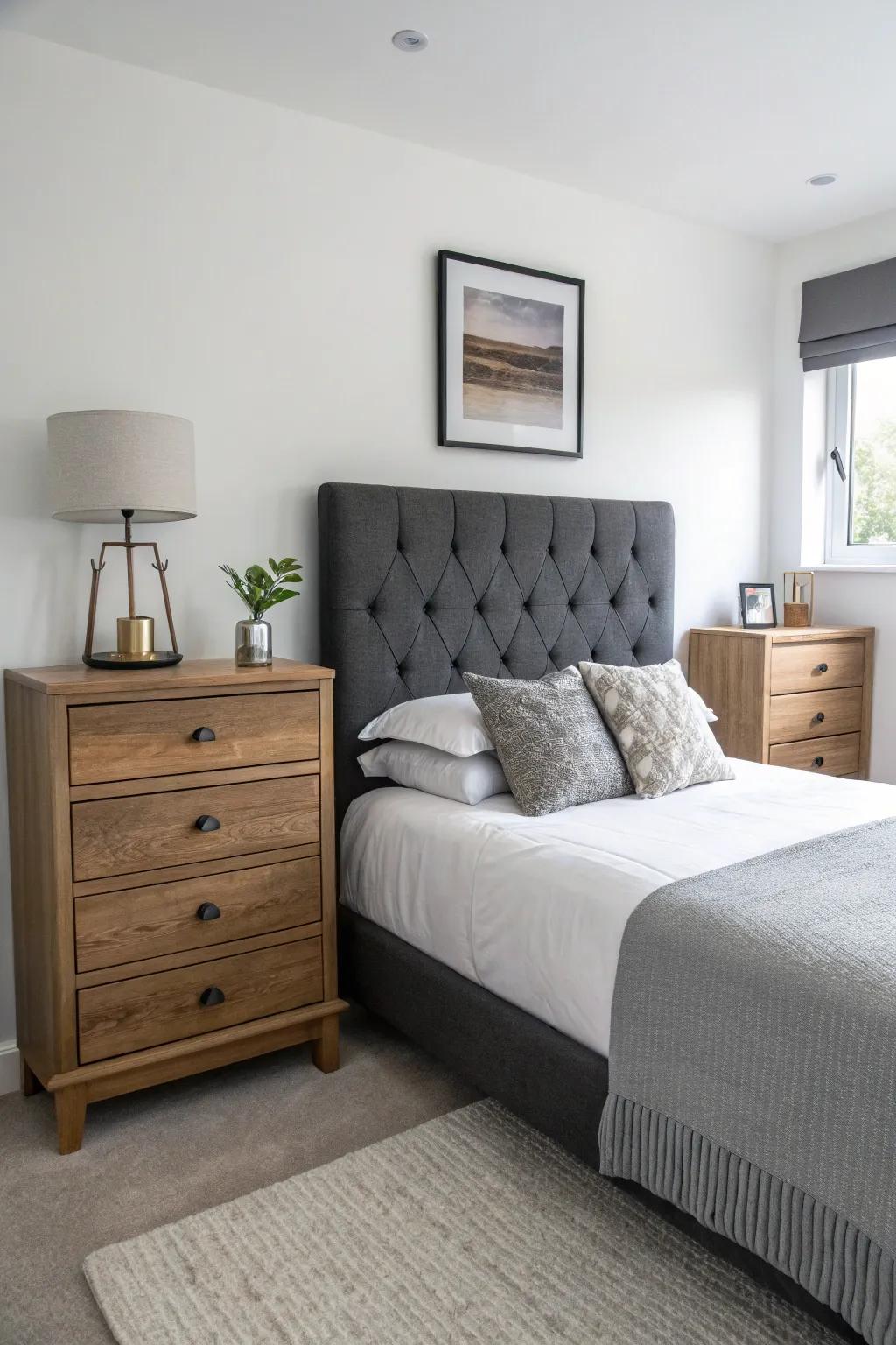 In this stylish bedroom, dark grey and white create a striking, modern contrast.