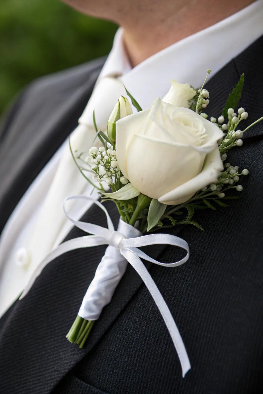 A timeless white rose boutonniere adds enduring sophistication.
