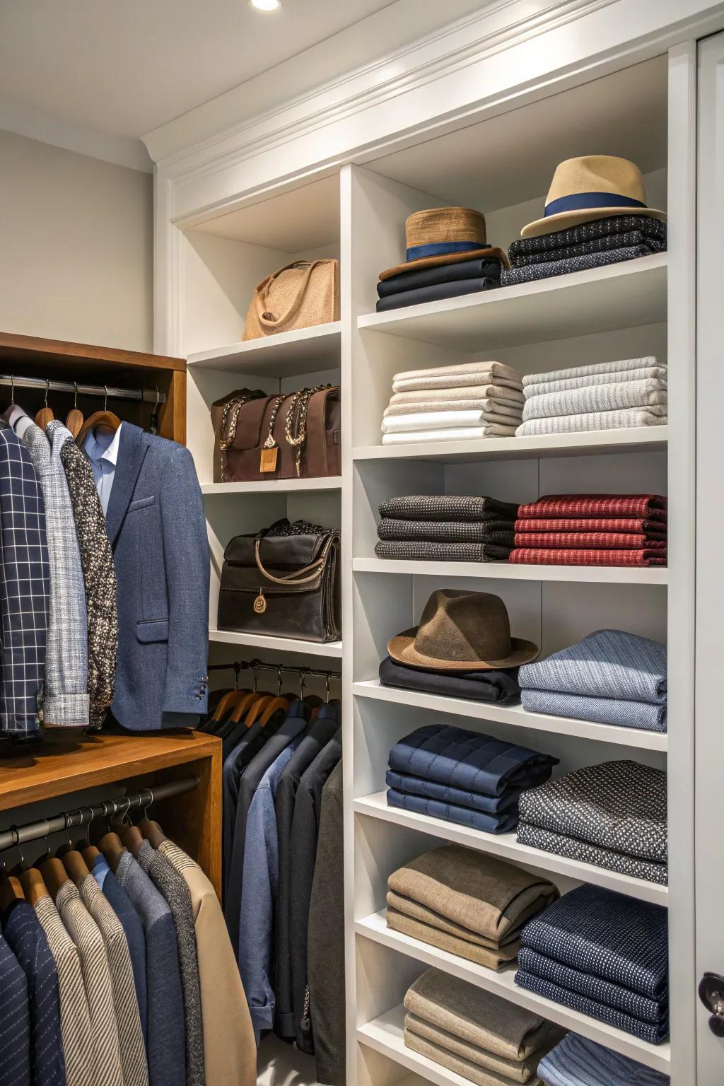 Open shelving in a men's closet that showcases a neatly organized wardrobe.