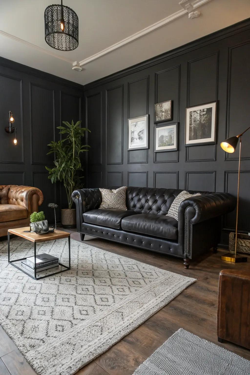 A men's living room showcasing a deep color scheme to create a daring impression.