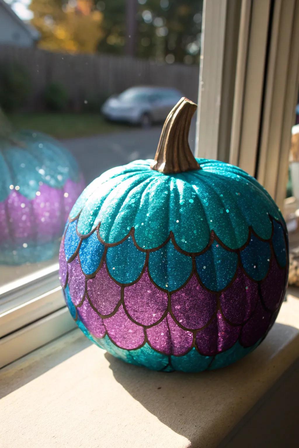 Radiant scales transform a standard pumpkin into a nautical wonder.