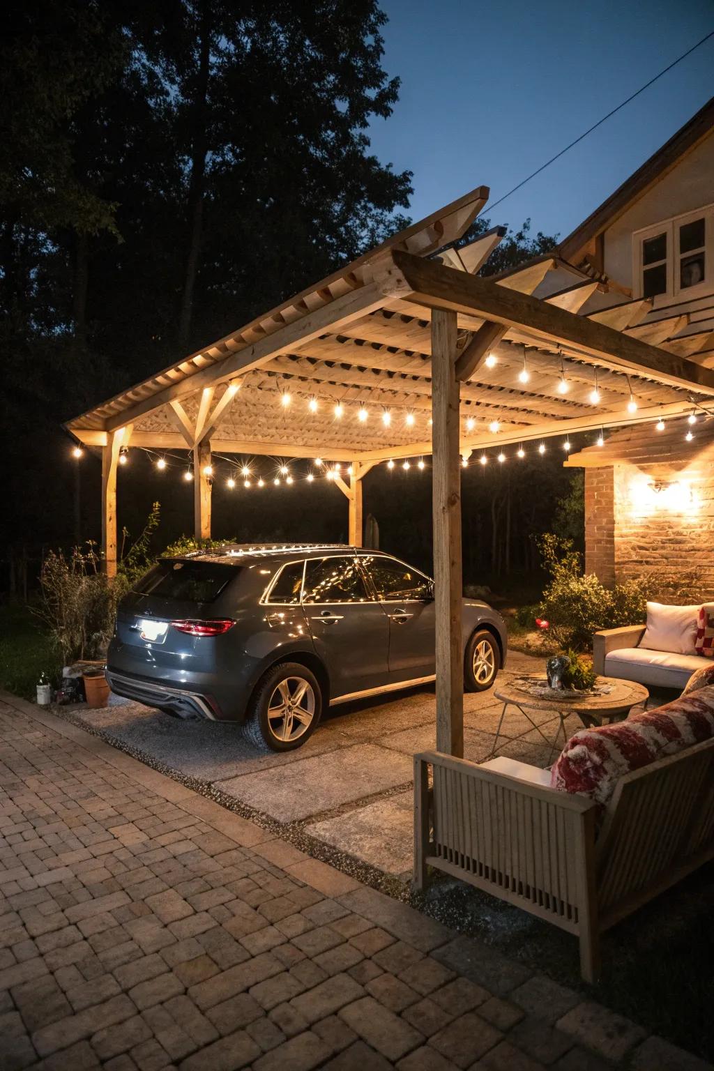 A combined carport and trellis offers both shelter for vehicles and an outdoor relaxation area.