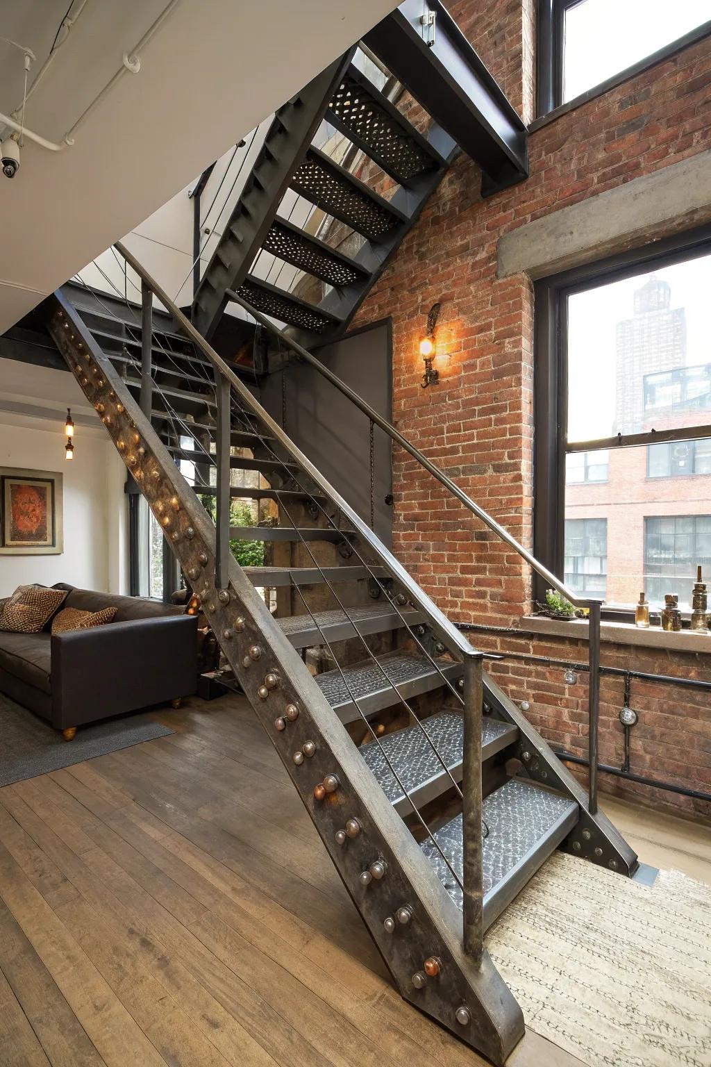 This metal staircase perfectly blends industrial sophistication with contemporary living.