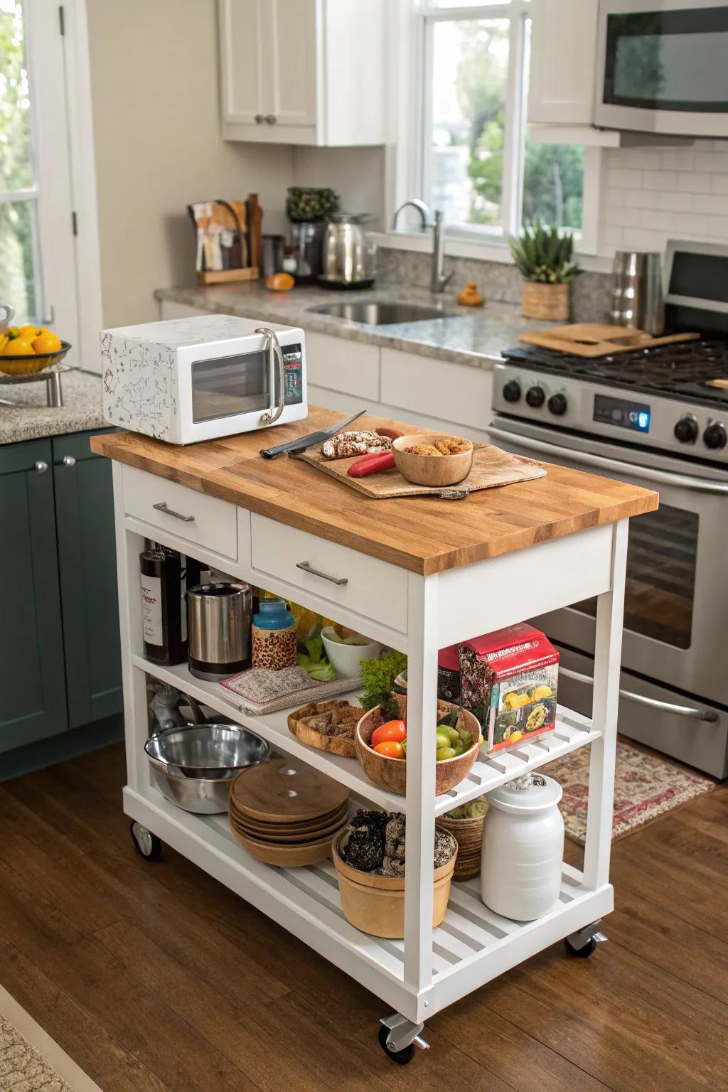 A versatile microwave cart that elegantly doubles as a kitchen island.