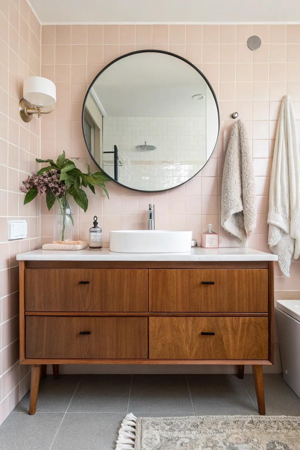 A wooden vanity establishes a cozy and inviting mid-century bathroom atmosphere.