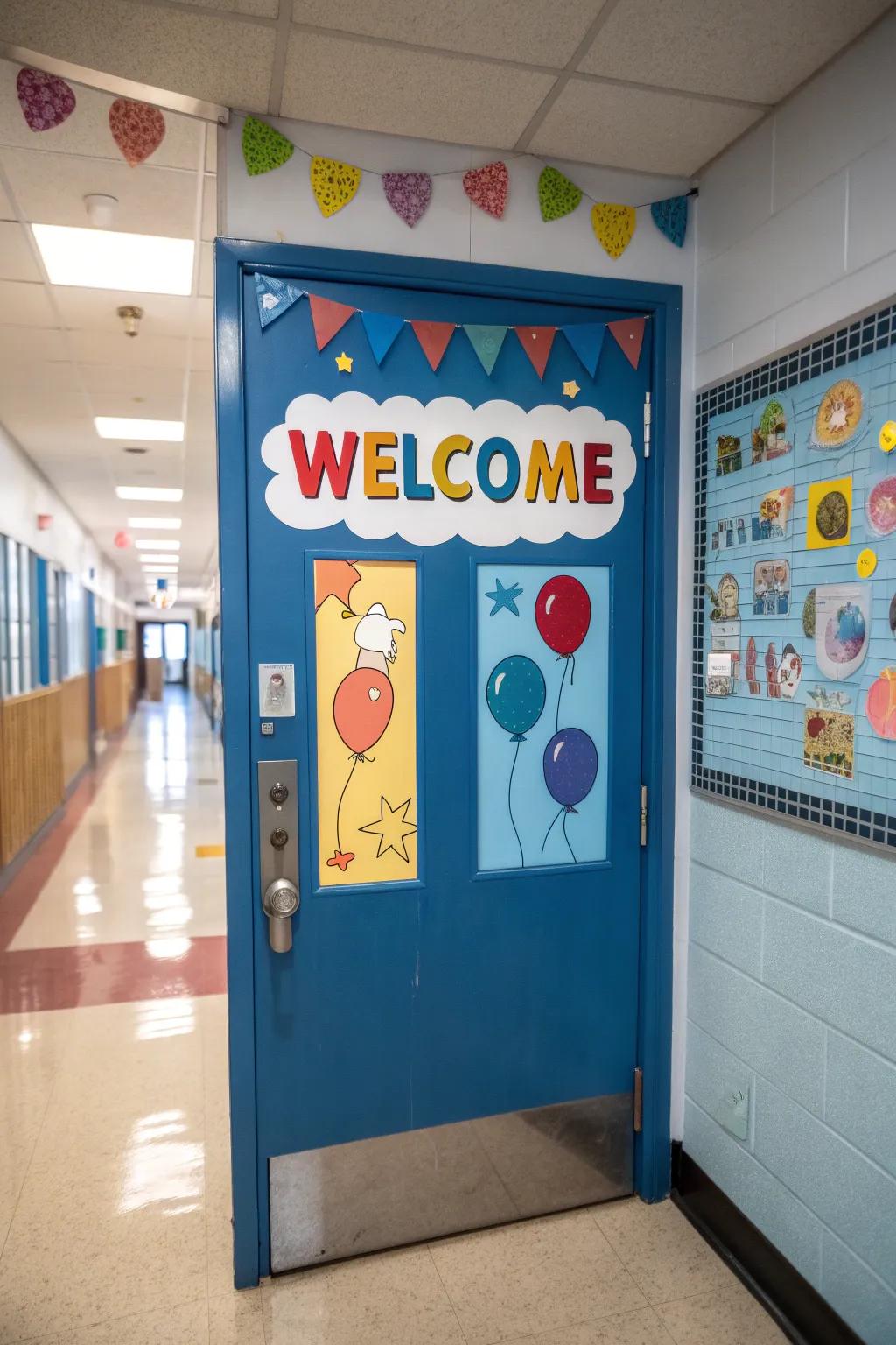 A classroom door embellished with an inviting message in striking, vivid lettering.