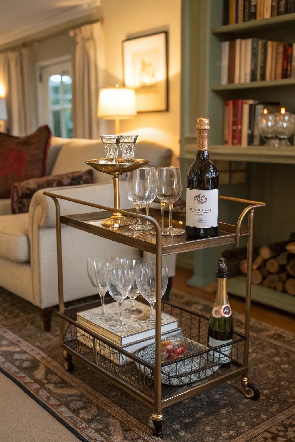 A vintage-esque rolling bar lends charm and adaptability to any space.