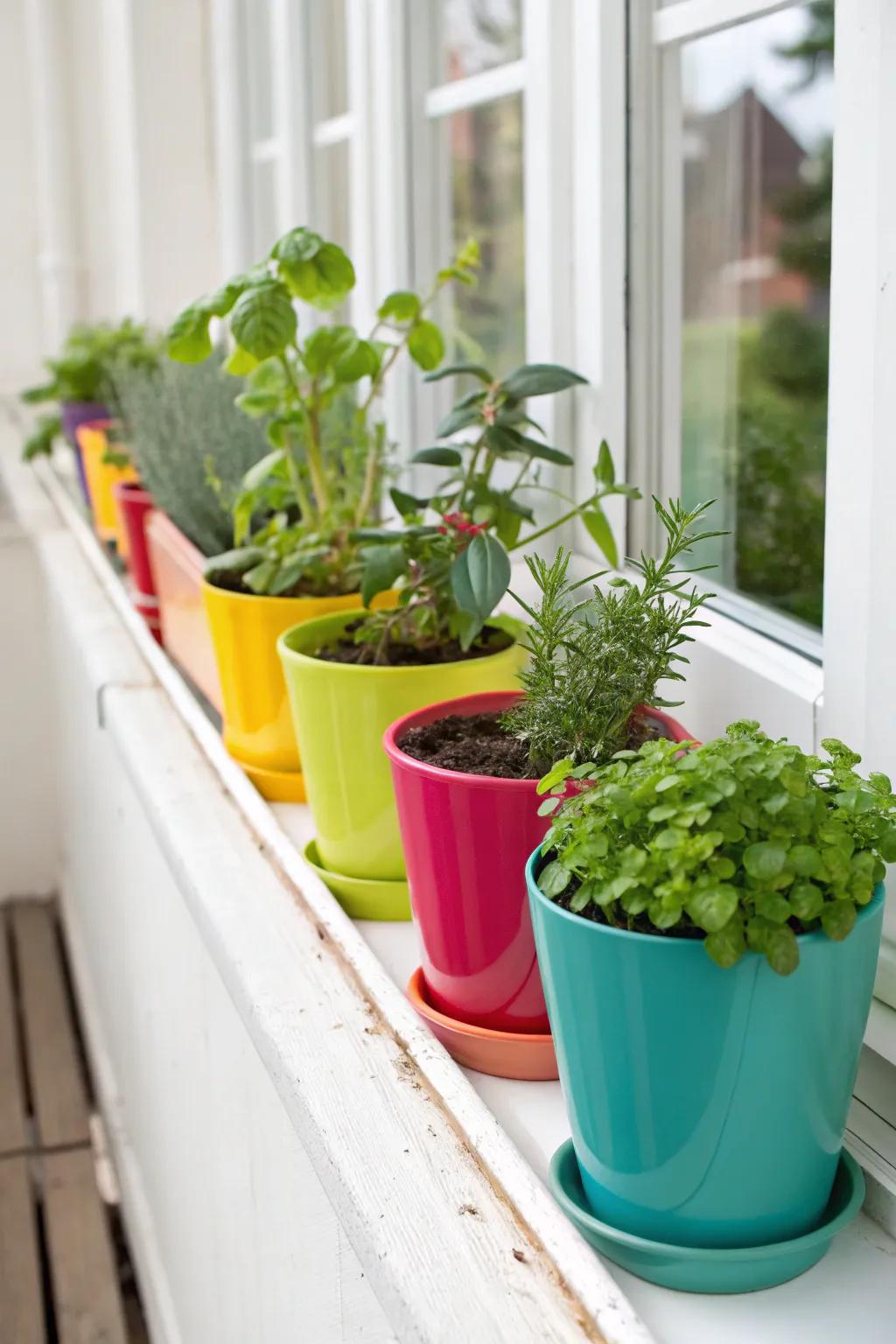An array of bright, small pots brimming with lush foliage on a windowsill.