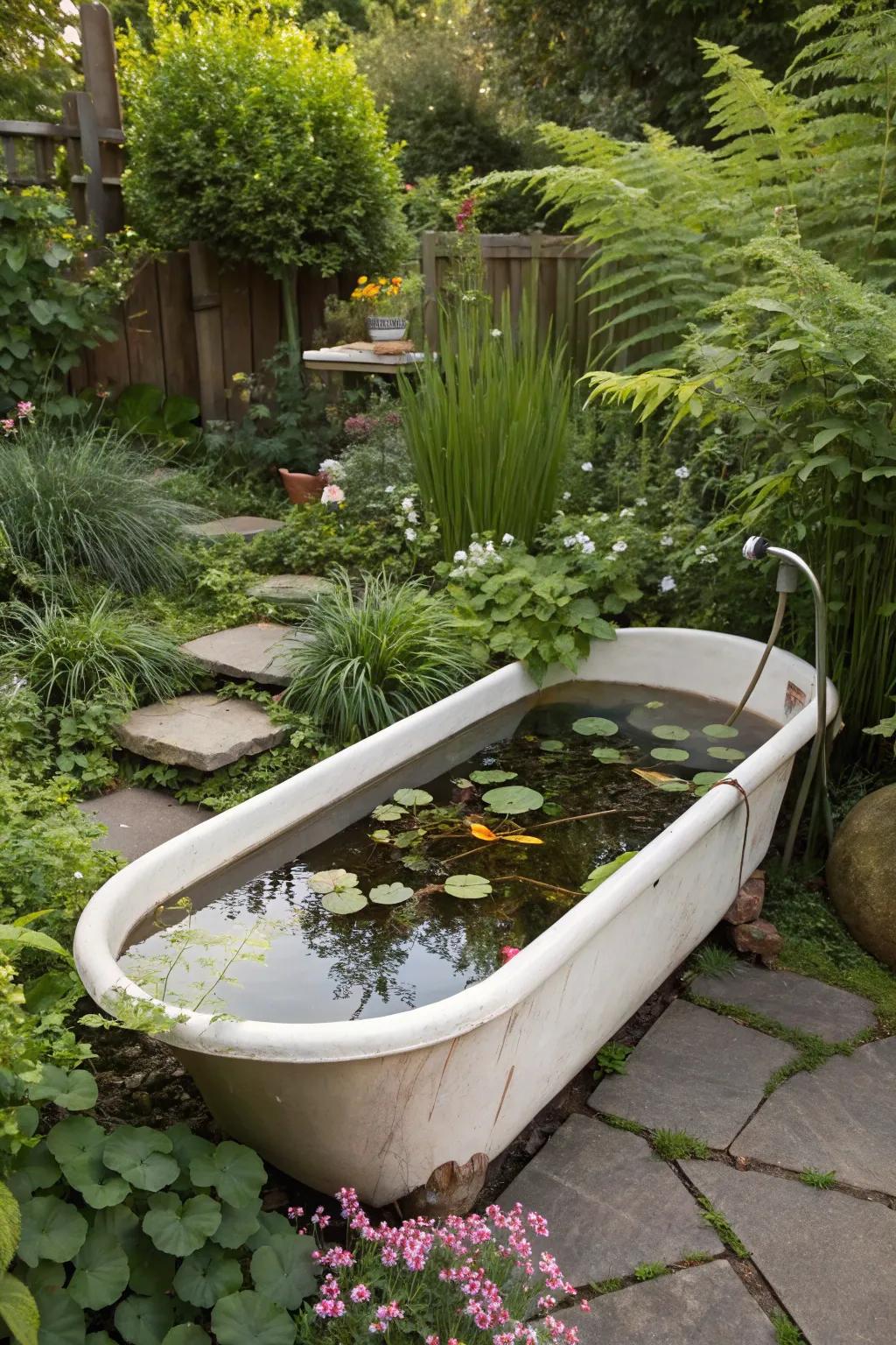 An old-fashioned wash tub converted into an enchanting mini pond.