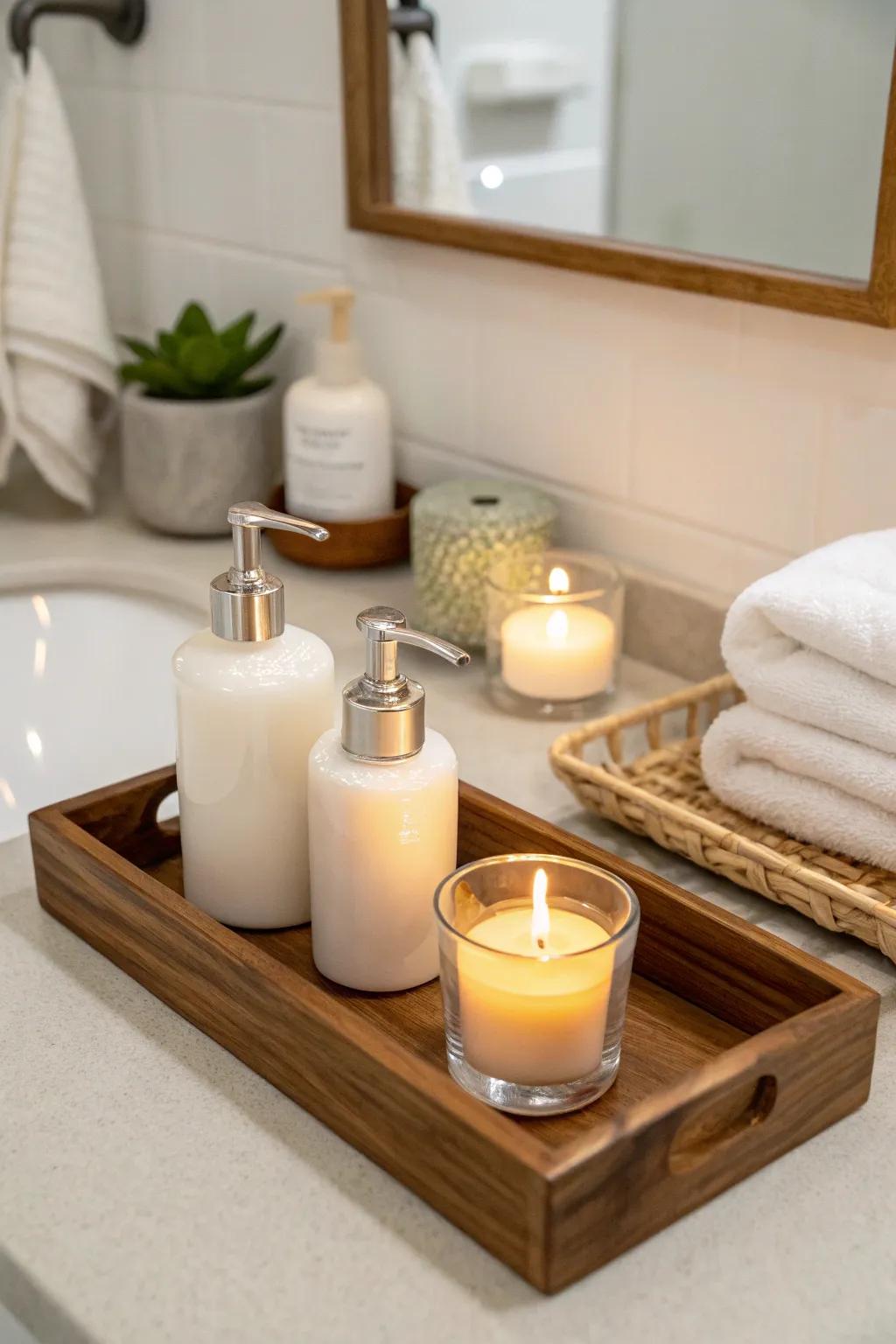A timber serving dish lends both structure and panache to this minimalist bathroom countertop.