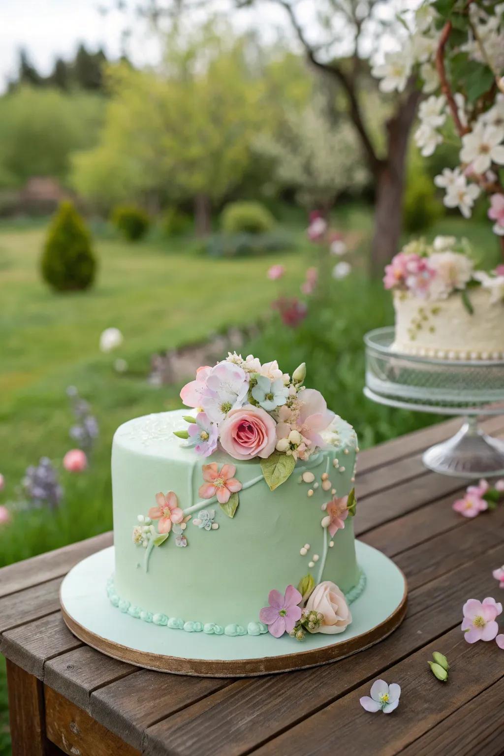 A lime-colored cake beautifully adorned with edible floral details.