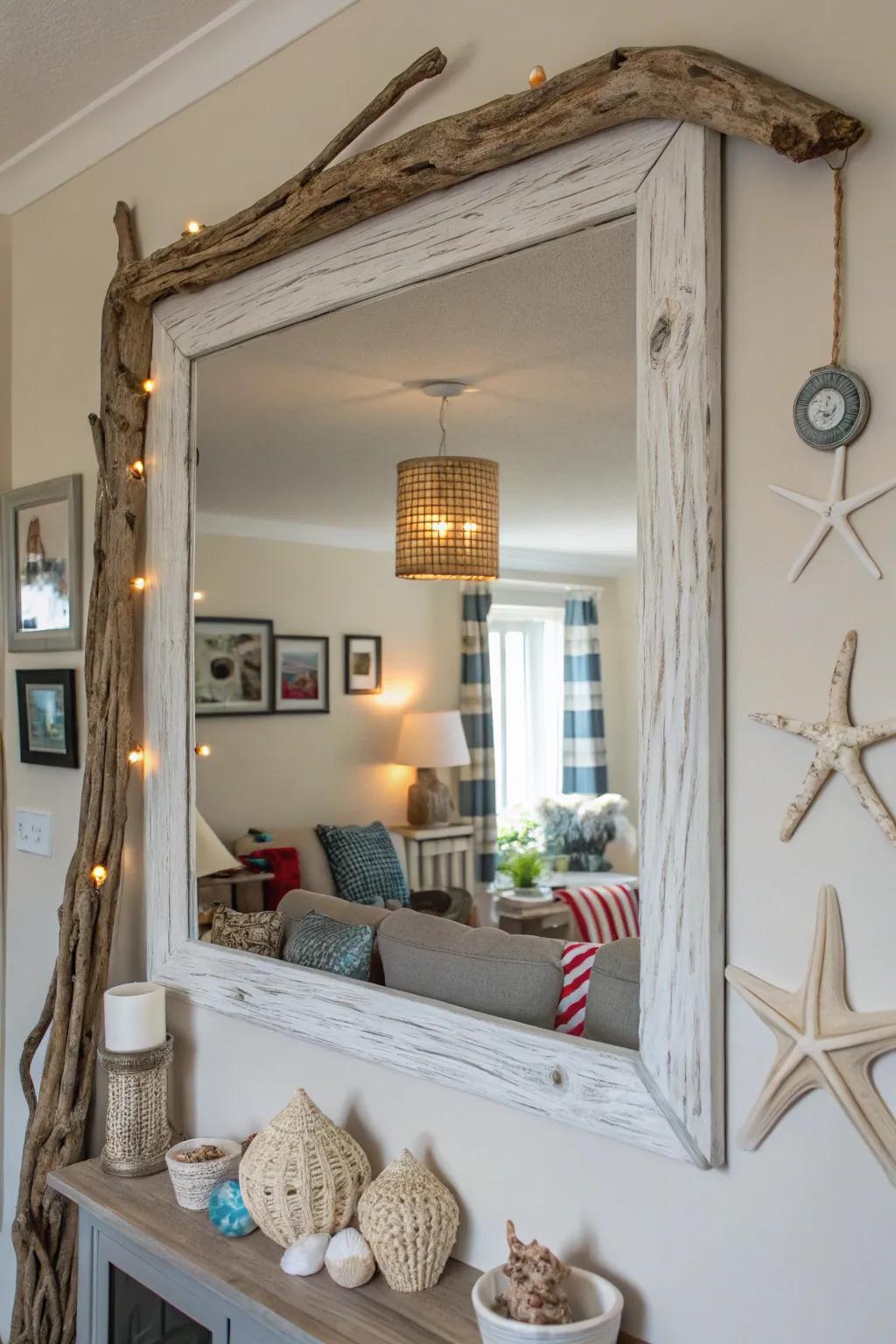 A mirror encased in weathered wood, introducing seaside charm to a family room.