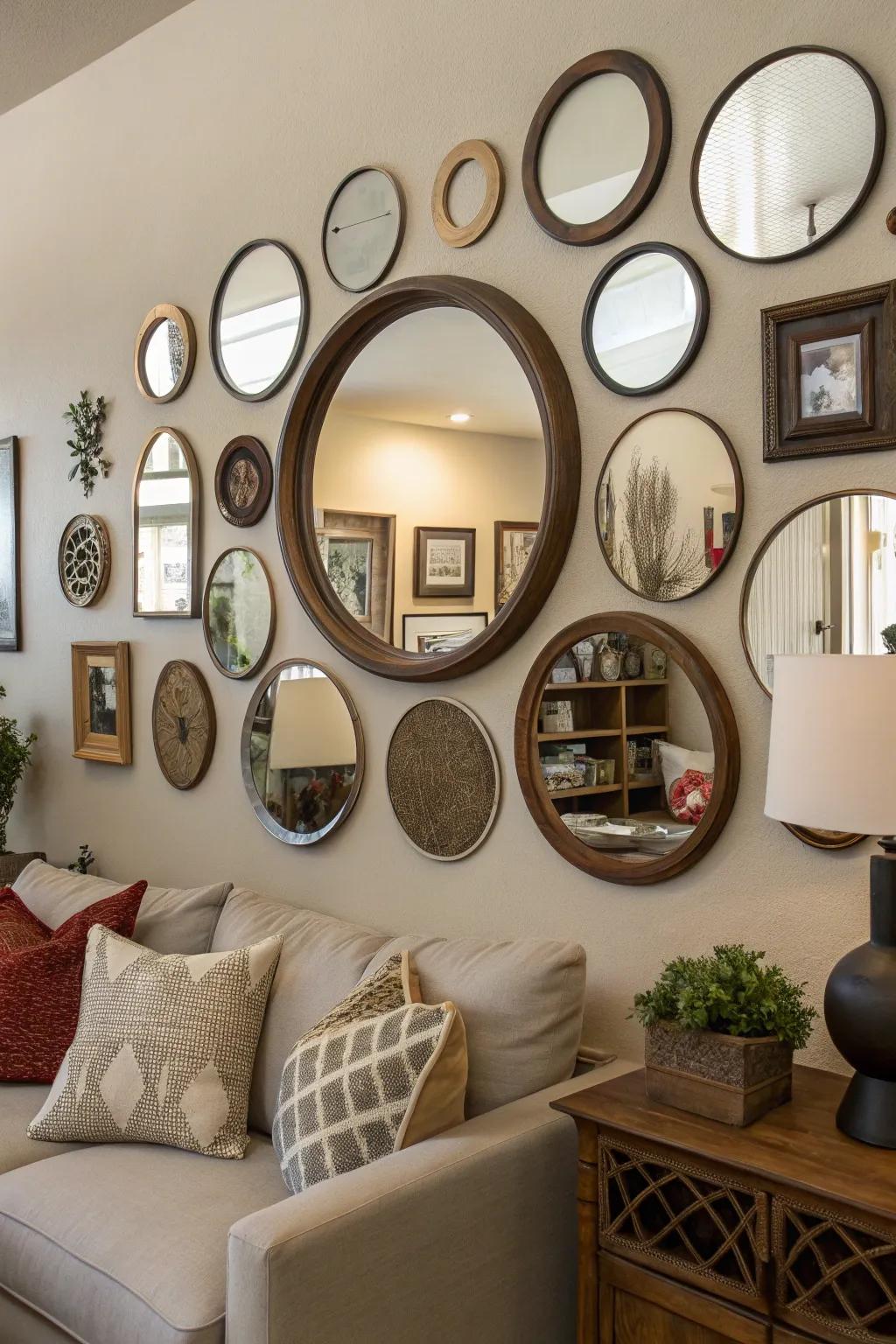 A thoughtfully arranged mirror display enriches the allure and individuality of a room.