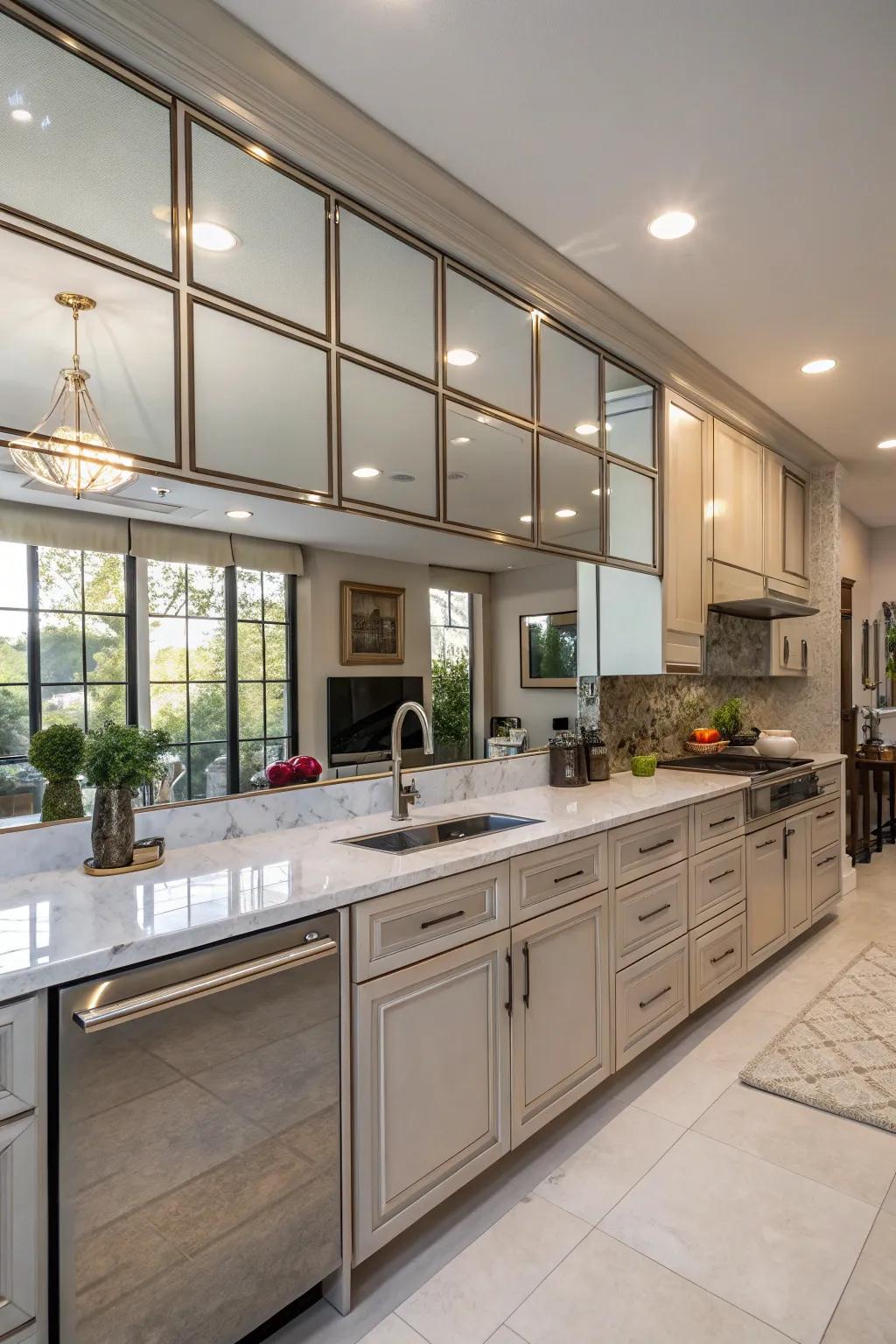 A kitchen featuring a mirrored backsplash that enhances both depth and luminosity.