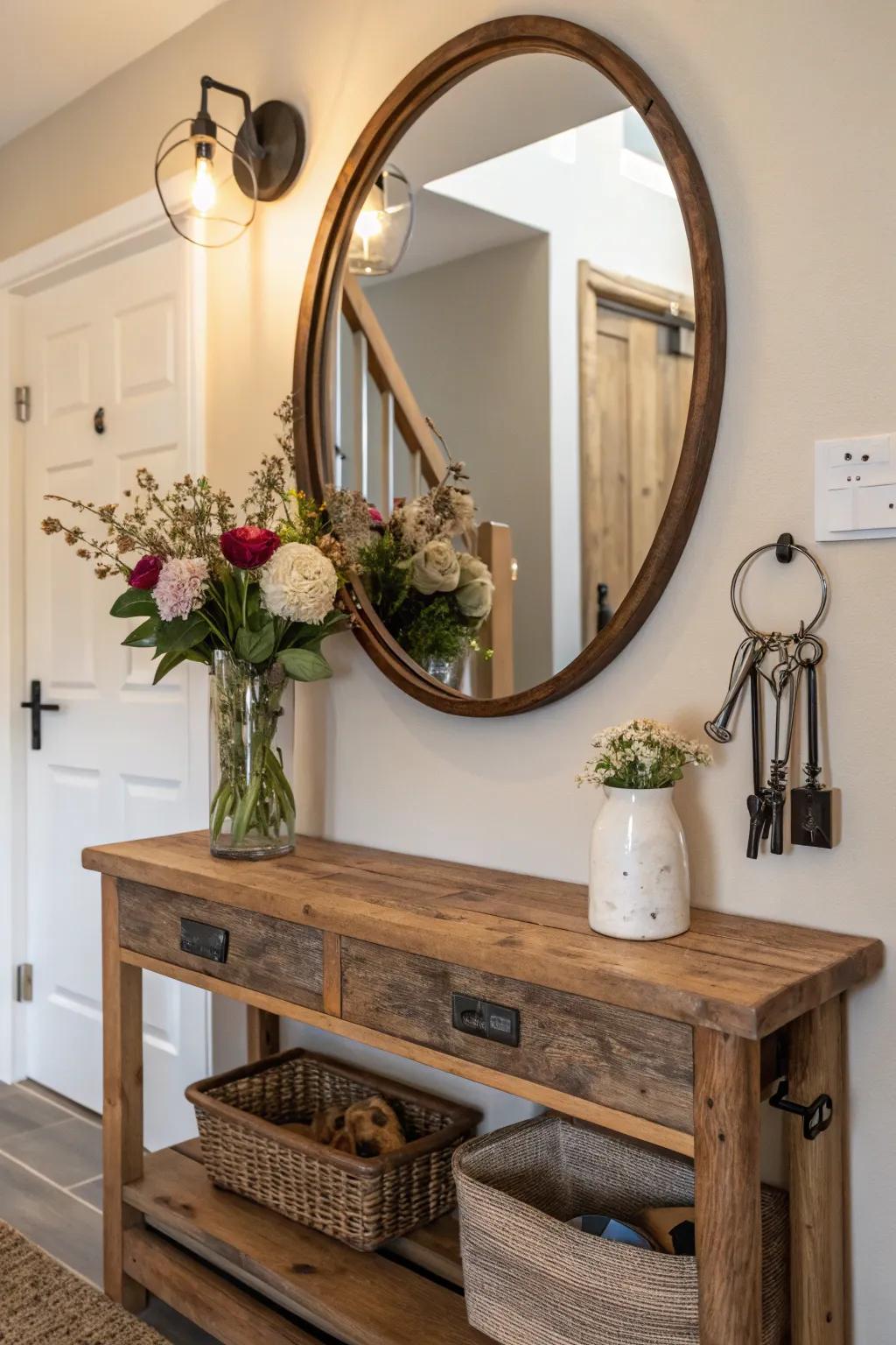 A comfortable entry space featuring a circular mirror and a natural shelf, ideal for day-to-day necessities.
