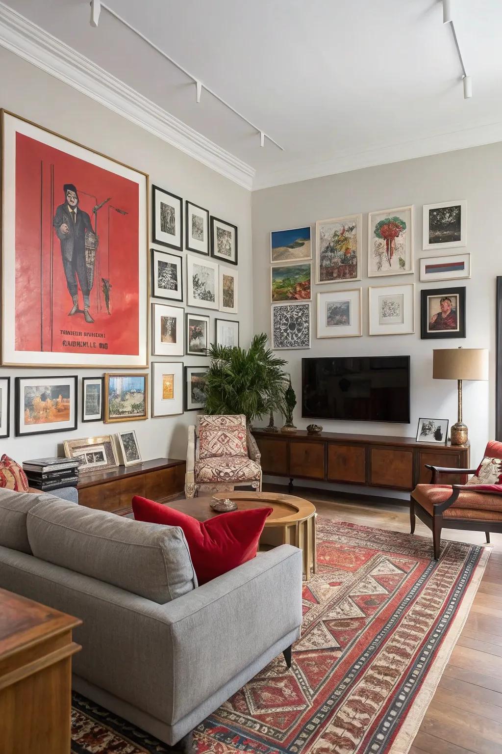 A gallery wall with a striking statement piece serving as its anchor.
