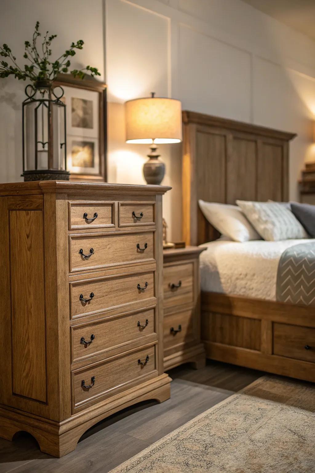 Contrasting wood shades enhance visual appeal and create a sense of balance.