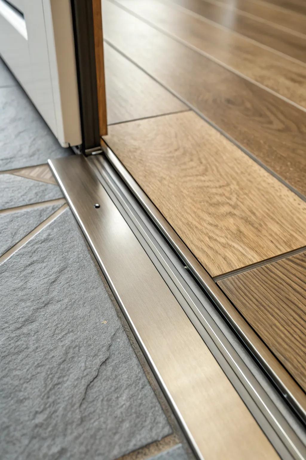 An elegant metal transition element smoothly connects tiled and hardwood surfaces.