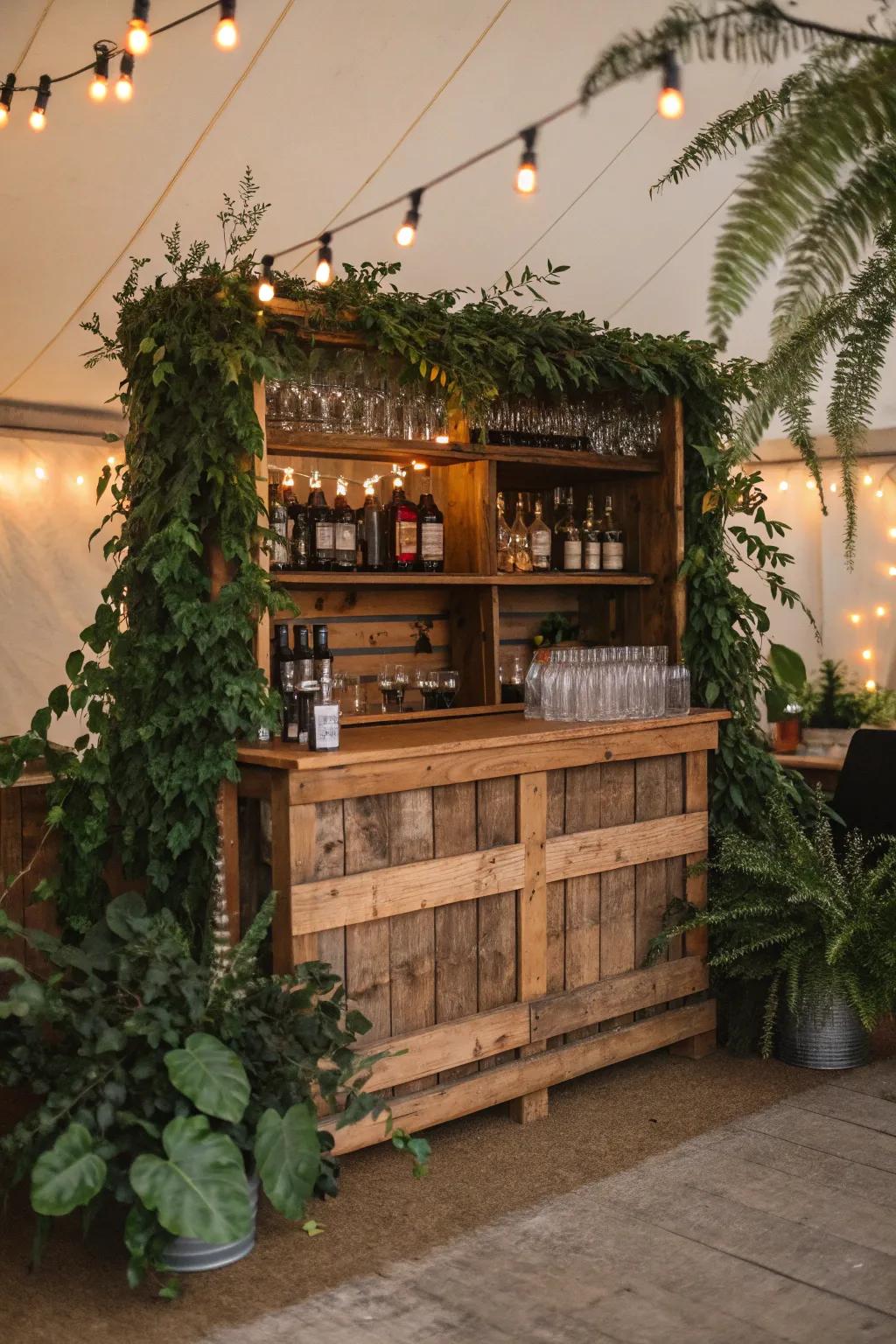 A rustic mobile bar showcasing repurposed wood and abundant foliage.