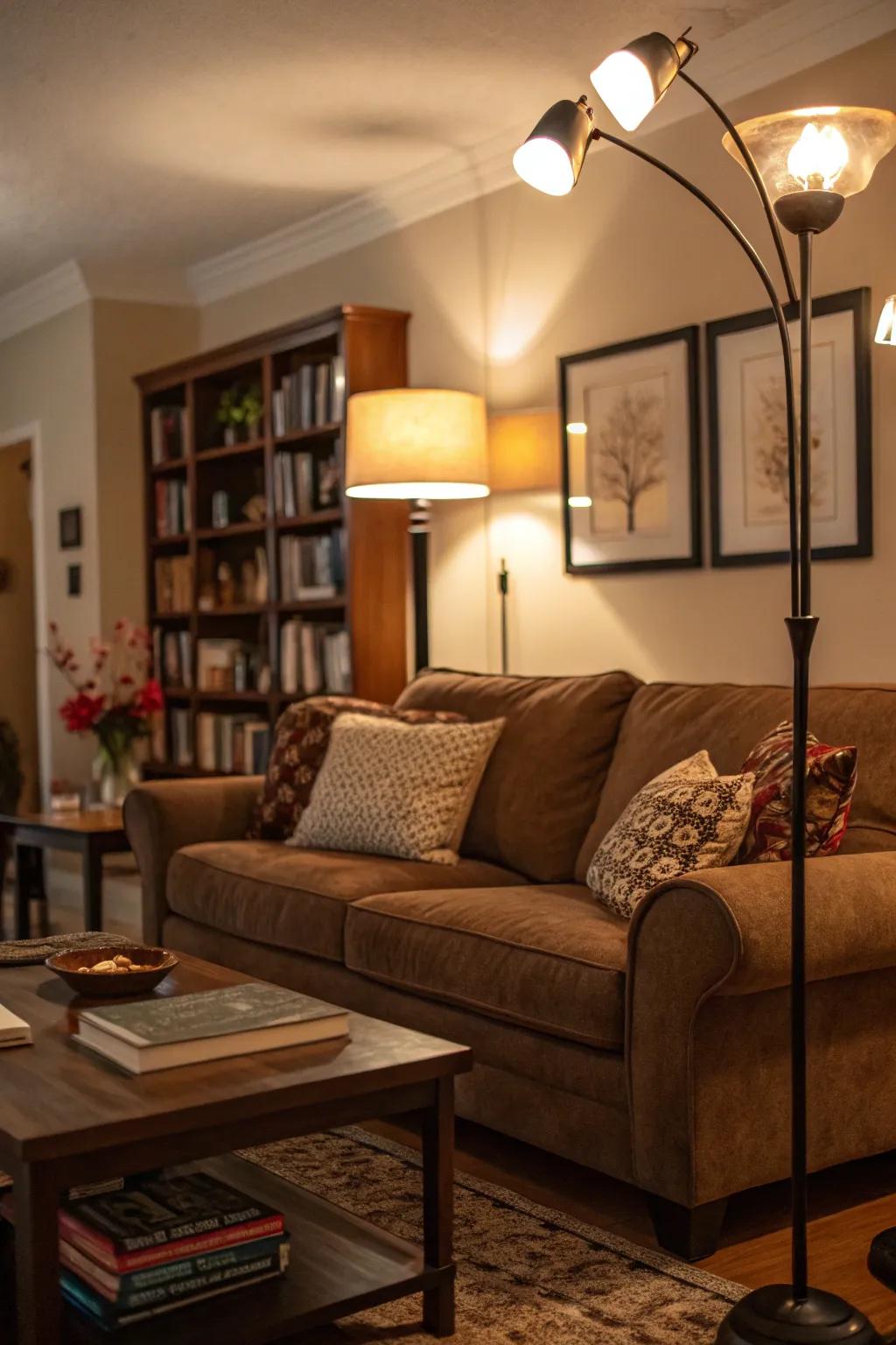 Soft lighting enriches the cozy ambiance near the cocoa sofa.