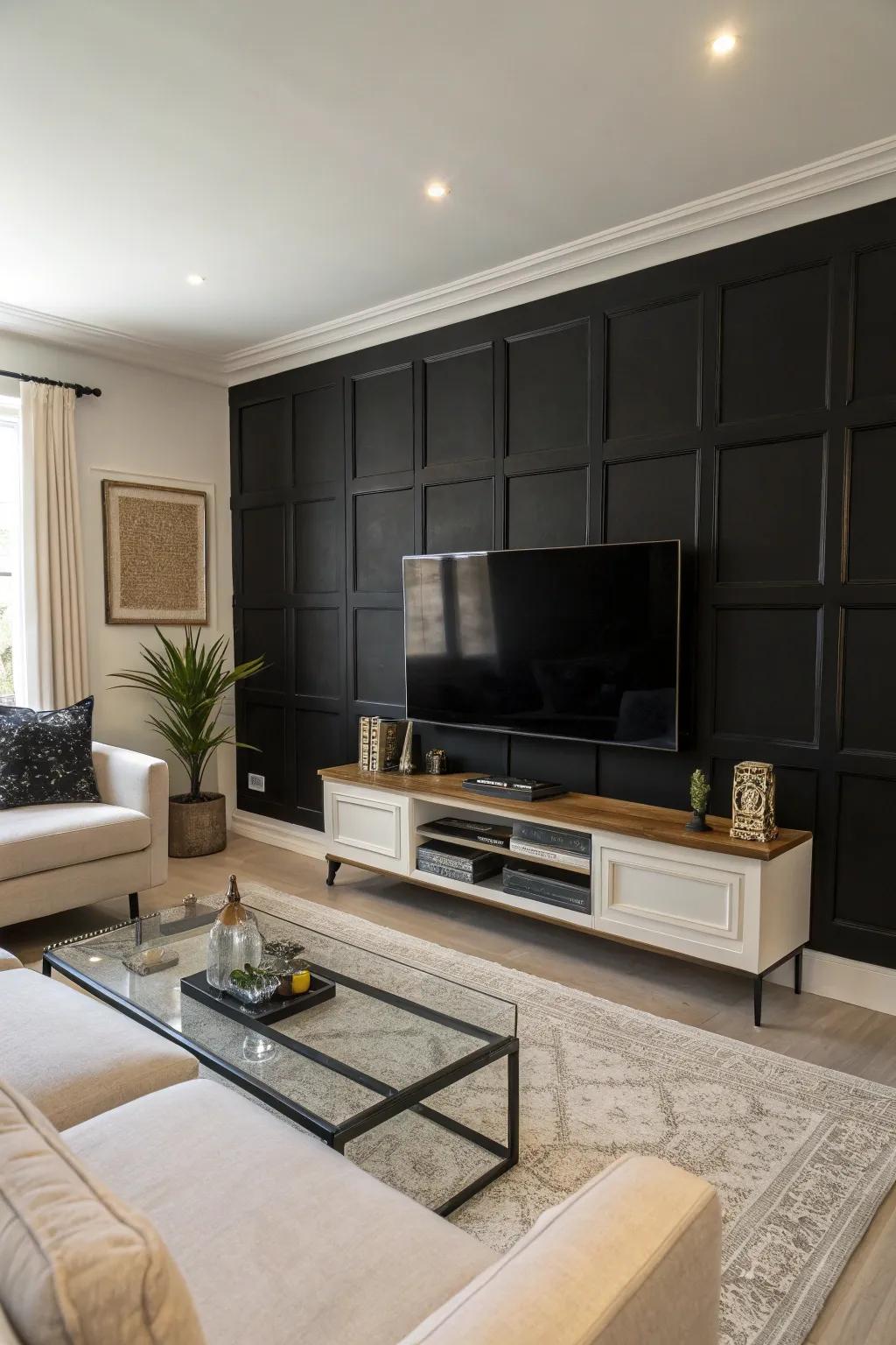 A striking black accent wall beautifully accentuates the TV.