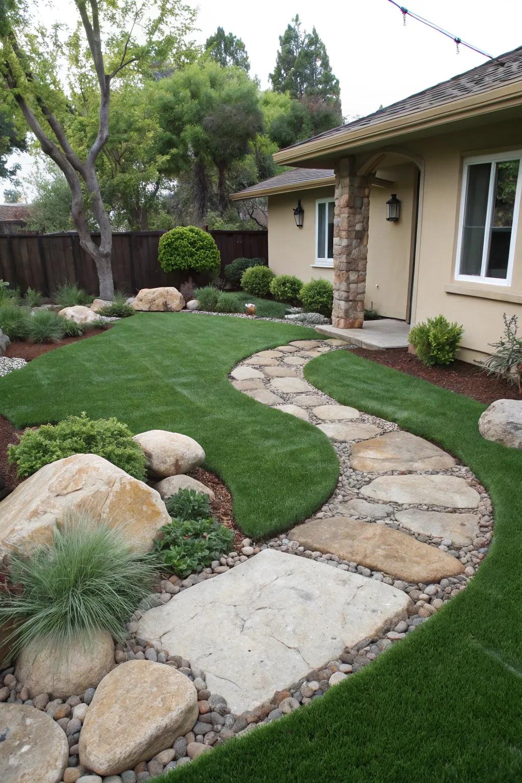 A front yard where simulated turf elegantly meets natural stone, creating a balanced aesthetic.