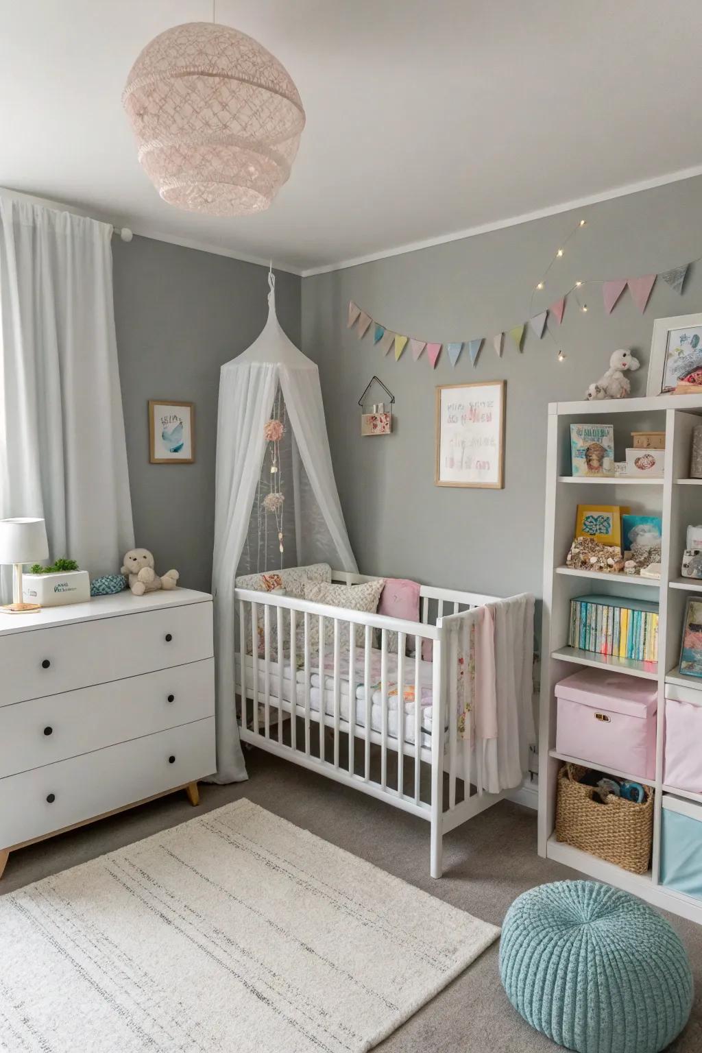 A tranquil nursery designed for a baby boy, showcasing a neutral color scheme.