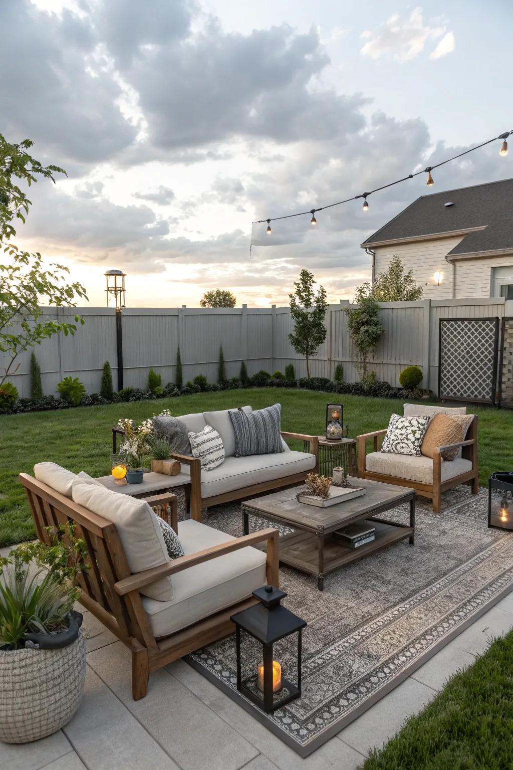 A charming outdoor living space featuring vibrant seating in a contemporary backyard.