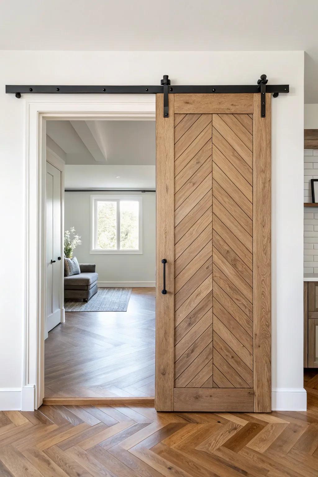 Herringbone patterns dramatically enhance the visual appeal of a barn door.